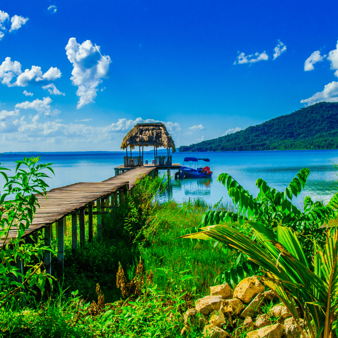 caribbean waters with boardwalk and cabana