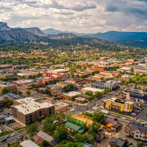 aerial view of mountain town